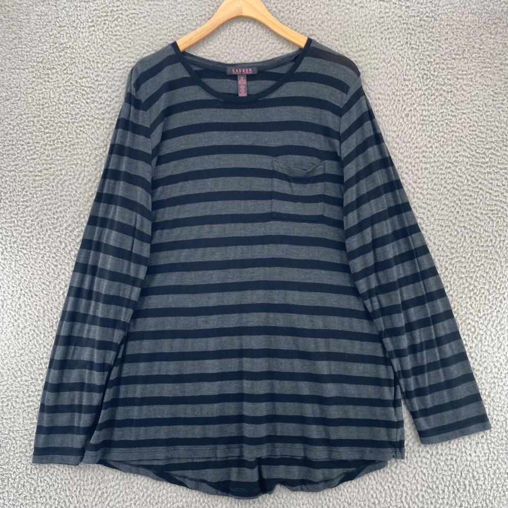 Lauren Ralph Lauren Top Womens 2X Plus Gray Stripe Long Sleeve Stretch Casual